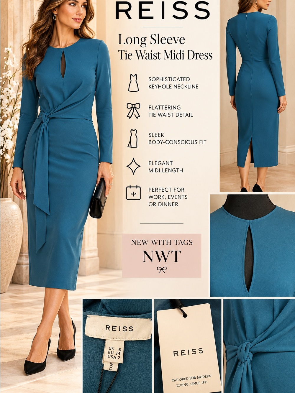 NWT Reiss Valentina Tie Waist Bodycon Midi Dress in Teal (Orig Retail $430CAD)